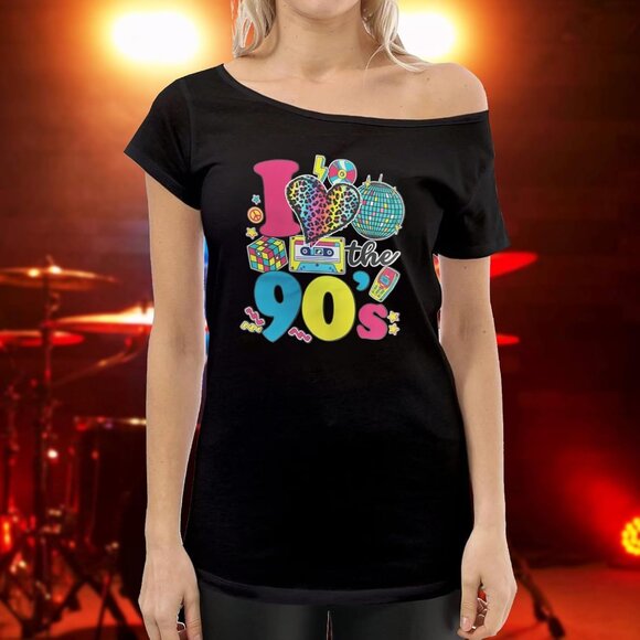 Women's 90s Neon Off Shoulder Top Retro Disco Shirt Size XL - Picture 3 of 6